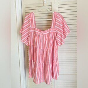 Terra & Sky Women's Square Neck Linen Blend Tunic Top In Coral & White Size 0X